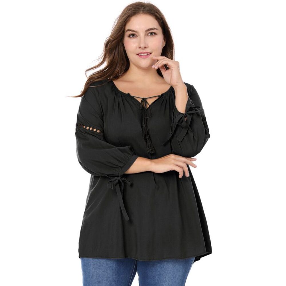 Women's Plus Size Raglan Sleeves Hollow Out Tie Neck Tunic Peasant Tops Black - Picture 1 of 6